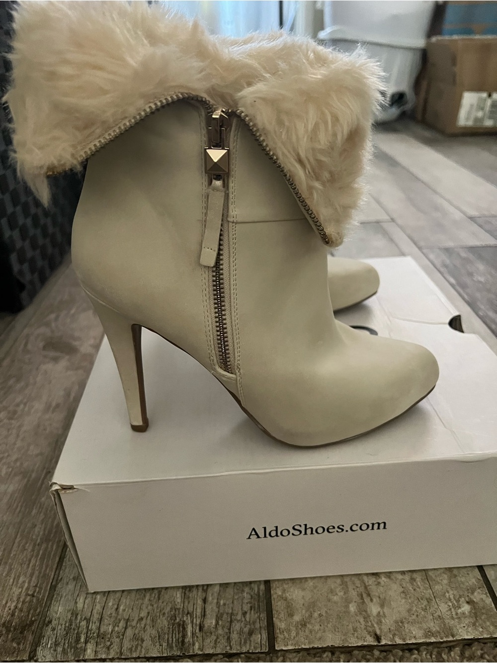 Aldo Cream Faux-Fur Cuff Stiletto Ankle Boots